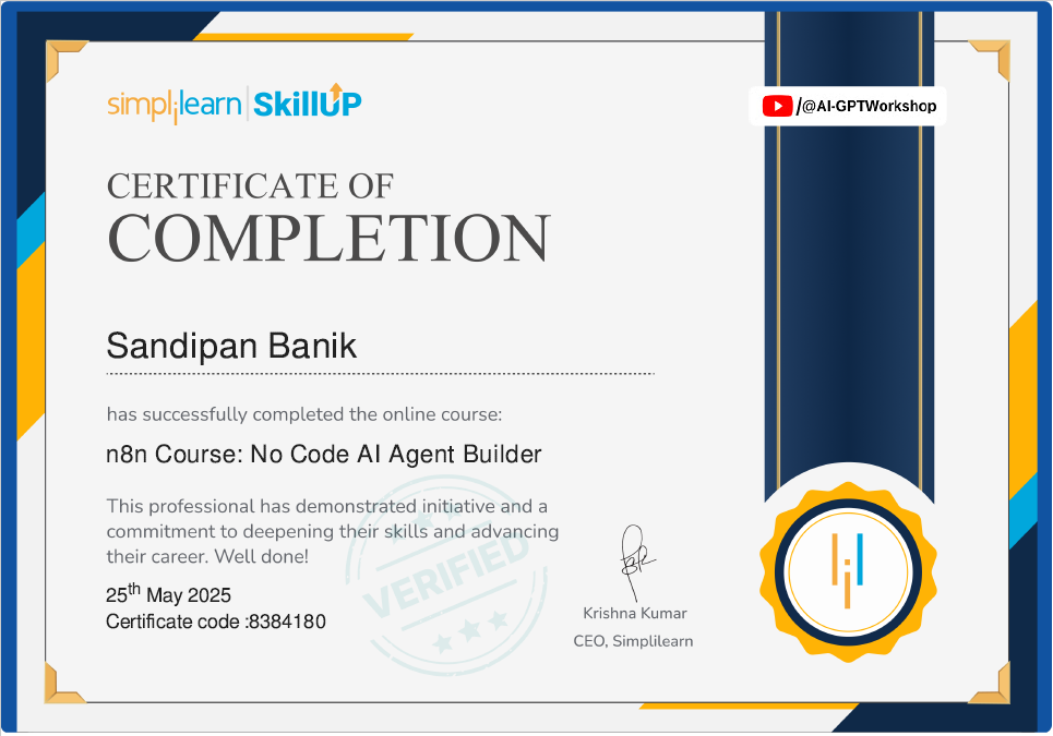 n8n AI Agent Builder - Certificate - Sandipan Banik - www.sandipanbanik.com