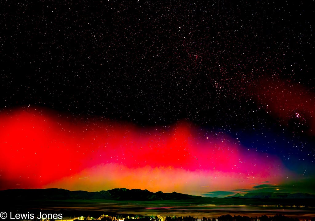 A rare northern lights event in the Eastern Sierra. with Crowley Lake in the foreground