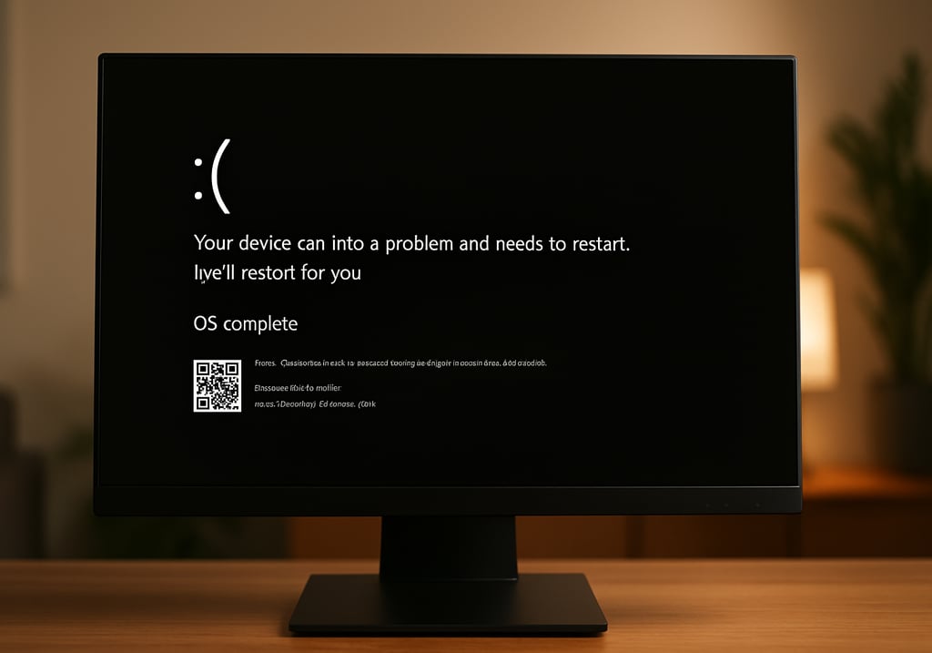 Tela preta de erro do Windows 11 exibida em um monitor de computador, com a mensagem “Seu dispositiv