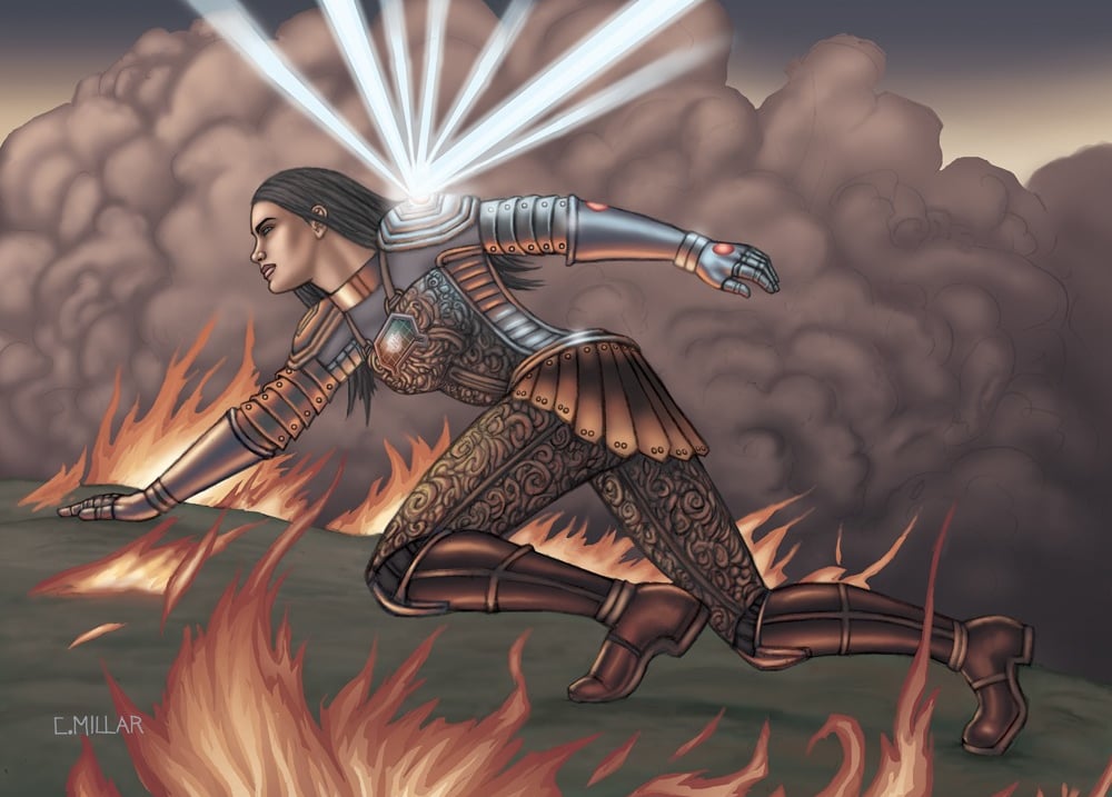 a Art of a woman in a costume is running through a fire