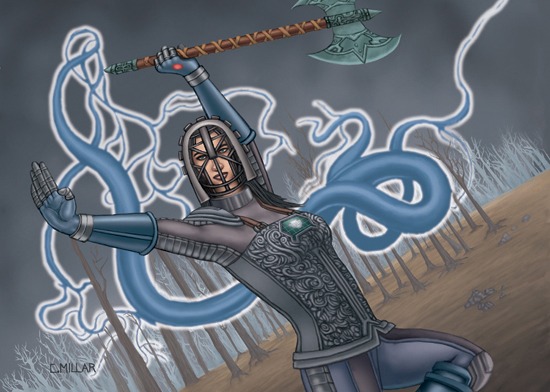 Art showing a futuristic woman warrior with an ancient axe in a field.