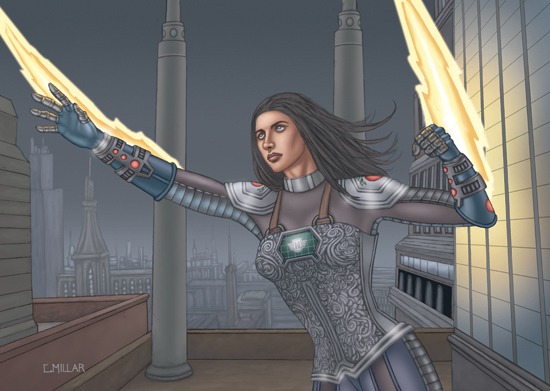 a woman in a futuristic costume shooting fire