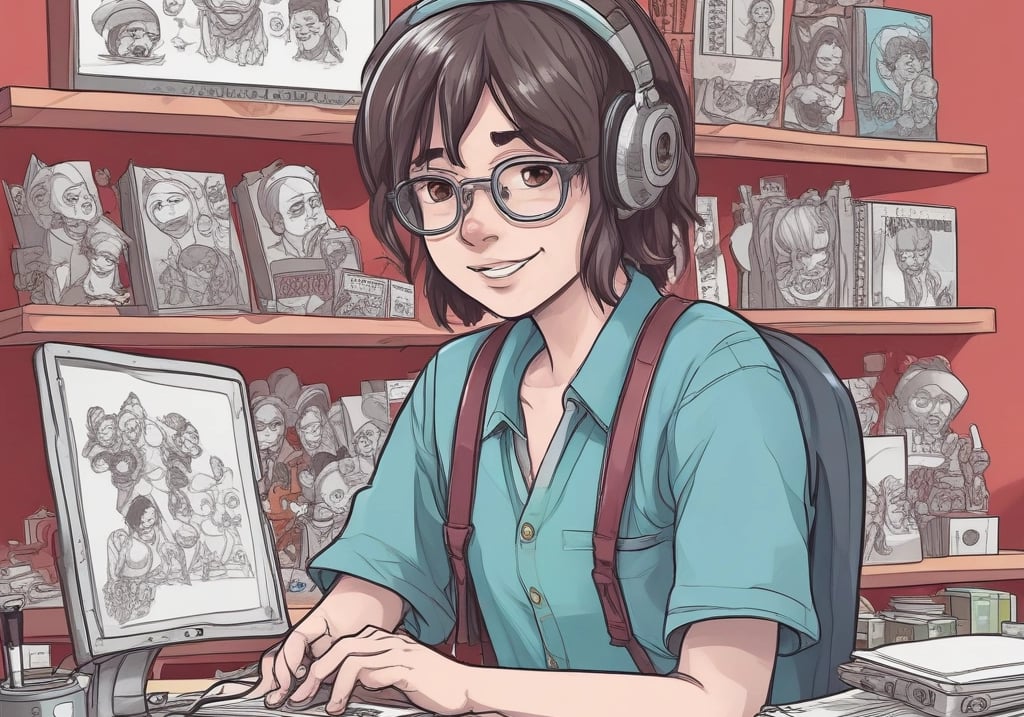 A shop window displaying various artistic and decorative items such as sculptures, pottery, and crafts. The shelves hold abstract sculptures, ceramic figures, a hot air balloon decoration, and a few decorative plates. The overall arrangement is eclectic, with a mixture of both modern and traditional artistic styles.