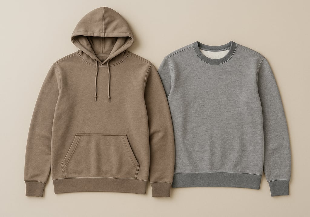 Men’s handmade hoodie and sweatshirt in neutral colors with ribbed cuffs and a drawstring hood.