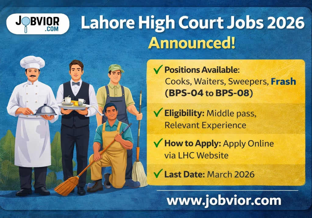 4:3 blog post image announcing Lahore High Court Jobs 2026 featuring cook, waiter, sweeper, and fras