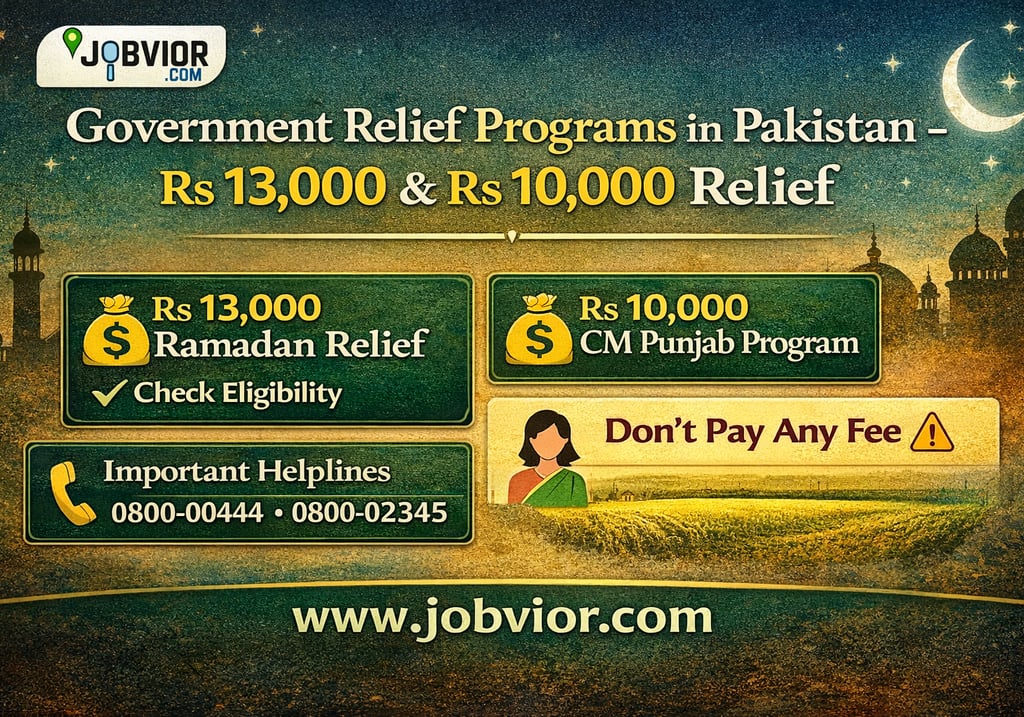 Government Relief Programs in Pakistan 2026 showing Rs 13,000 Ramadan Relief Program and Rs 10,000 C