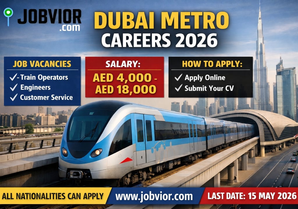 Dubai Metro Careers 2026 job advertisement showing latest job vacancies, salary packages, and online