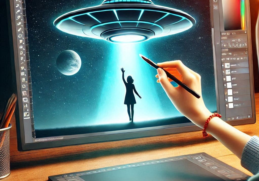 a woman drawing a ufo on a computer screen