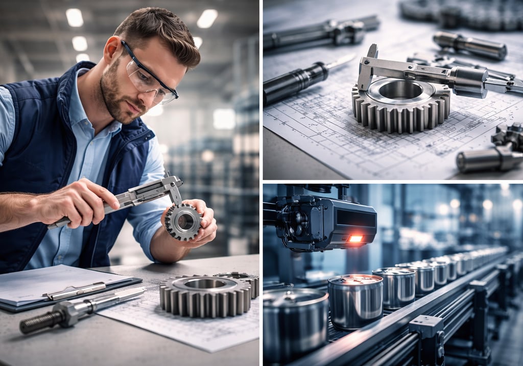 engenheiro realizando inspeção de qualidade de produto em peça industrial