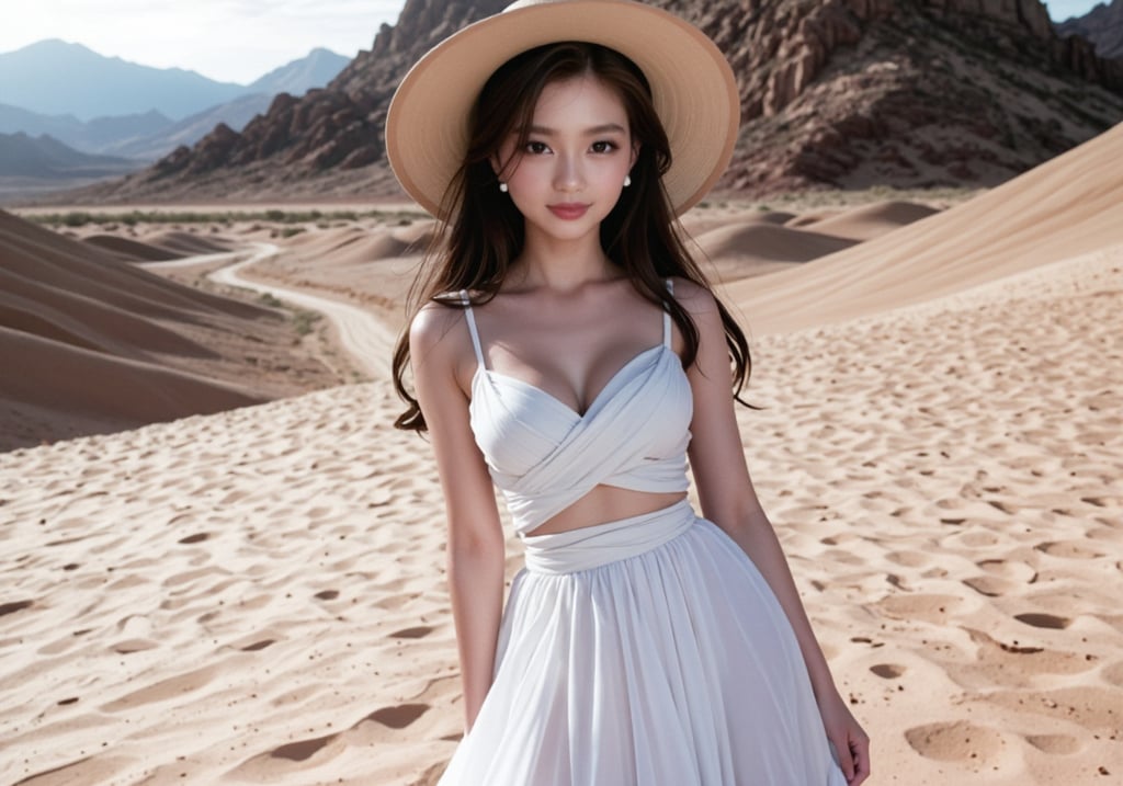 A woman in a white dress and hat in the desert