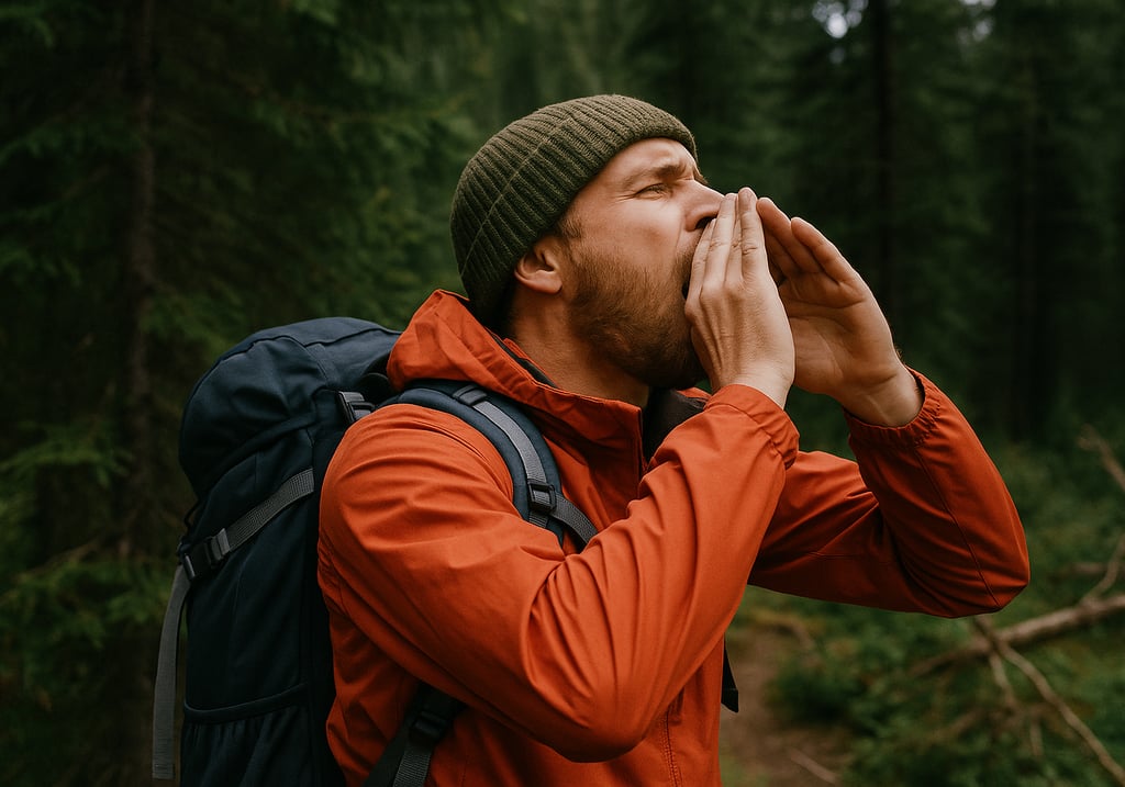 Survivalist shouting for help in dense forest, emergency signaling without gear during solo wilderness hike