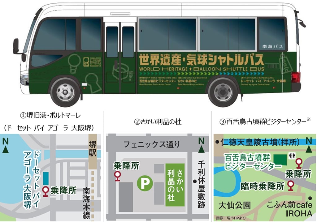 「世界遺産・気球シャトルバス」の外観と3カ所の乗降所マップ｜堺市のニュースならサカイタイムズ