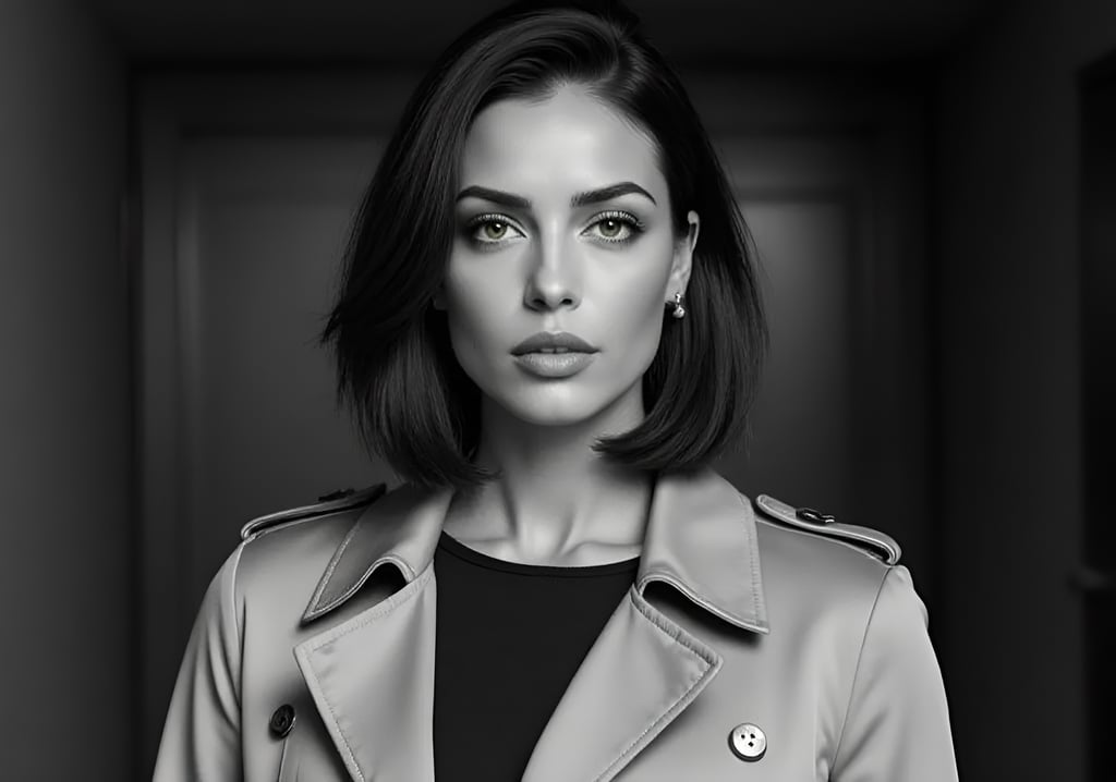 Vivienne Vale in a sleek trench coat, staring ahead in black-and-white, poised and cinematic.