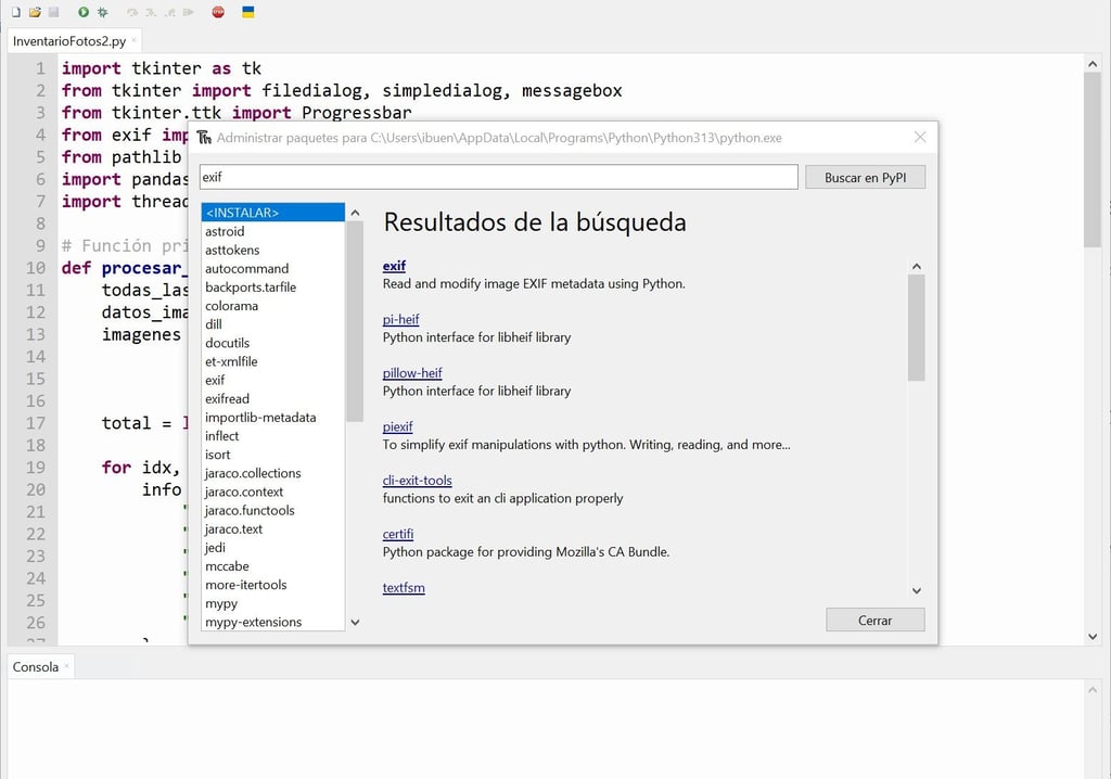 Captura de pantalla del IDE Thonny y del gestor de paquetes. Buscando paquete EXIF.