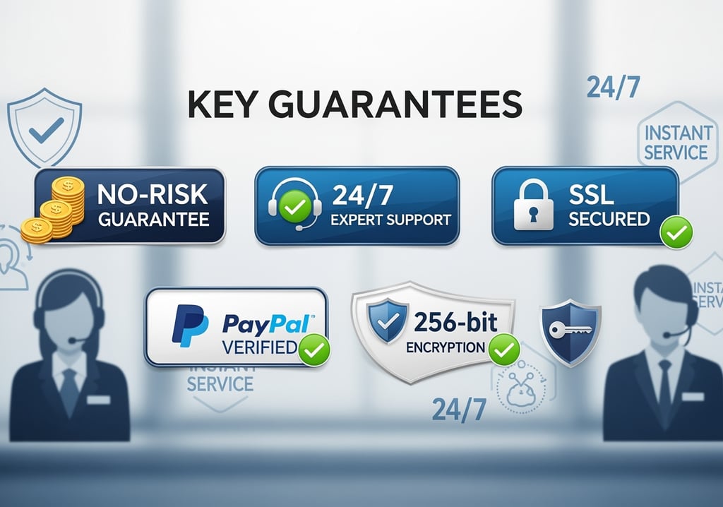 Google reviews service guarantees no risk guarantee 24/7 expert support SSL secured PayPal verified 