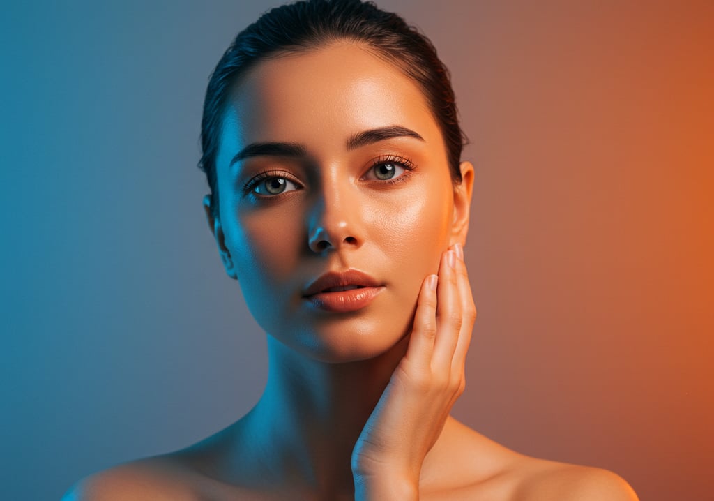 Portrait of a woman with glowing skin and blue and orange cinematic lighting for skincare beauty.