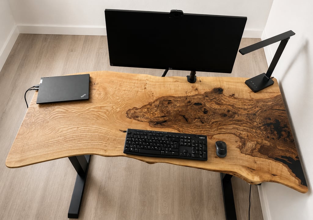 Höhenverstellbarer Live Edge Schreibtisch aus einer massiven Oliveesche-Bohle mit Epoxidharz