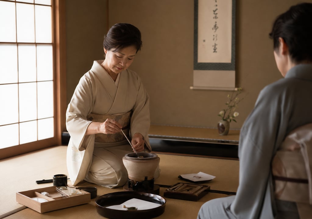A Japanese woman in a traditional kimono performs a tea ceremony on a tatami mat.