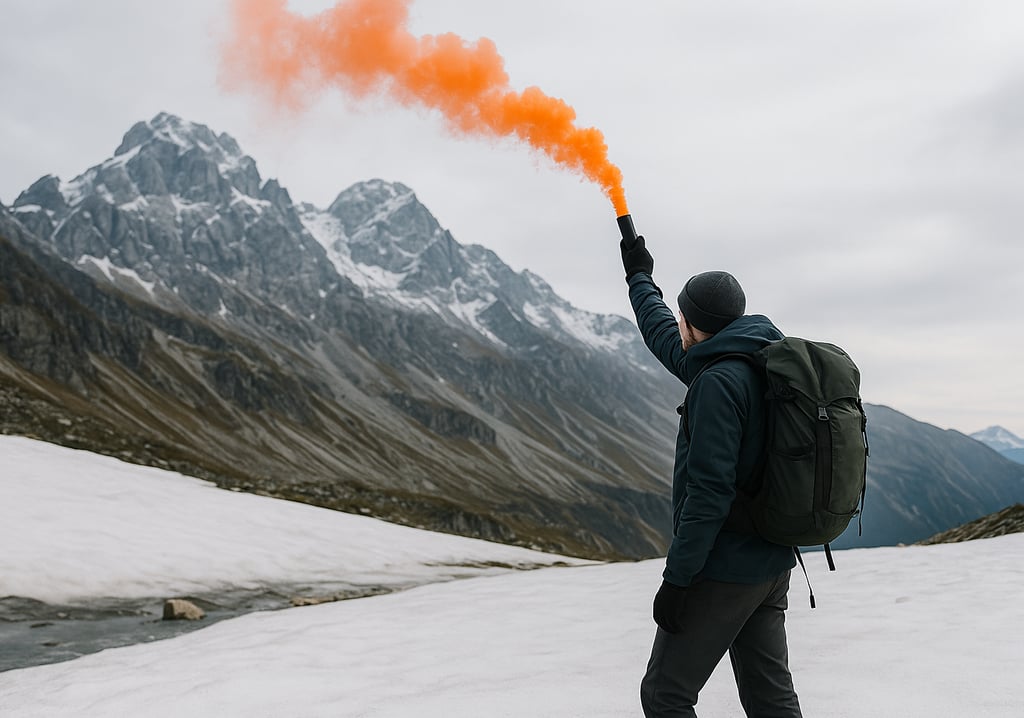 Man signaling for rescue with orange flare in snowy alpine terrain, emergency survival and mountain distress alert