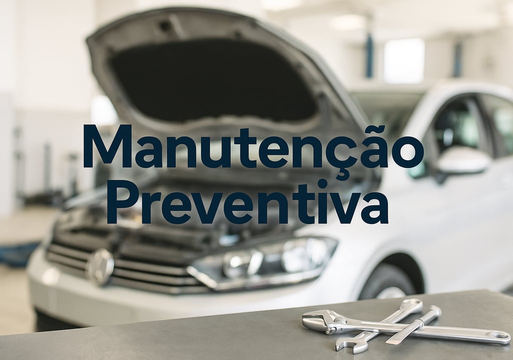 Carro com o capô aberto em uma oficina clara e organizada, com ferramentas de manutenção em destaque