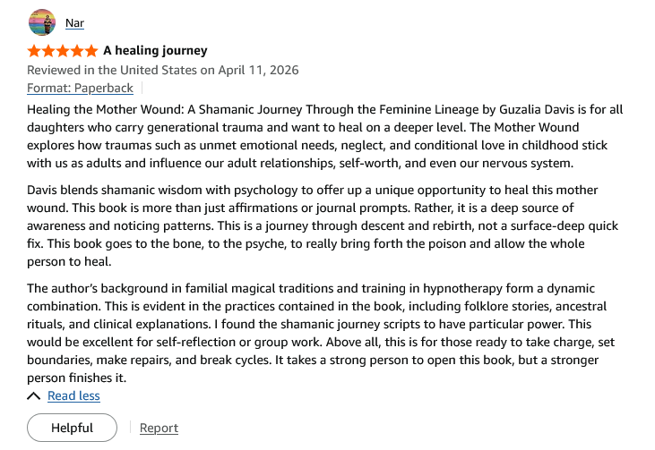 Positive Amazon review for Healing the Mother Wound paperback book by Guzalia Davis.