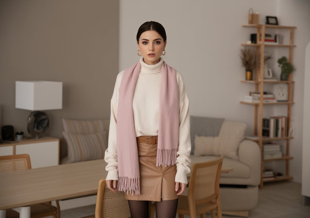 a woman in a white shirt and pink scarf