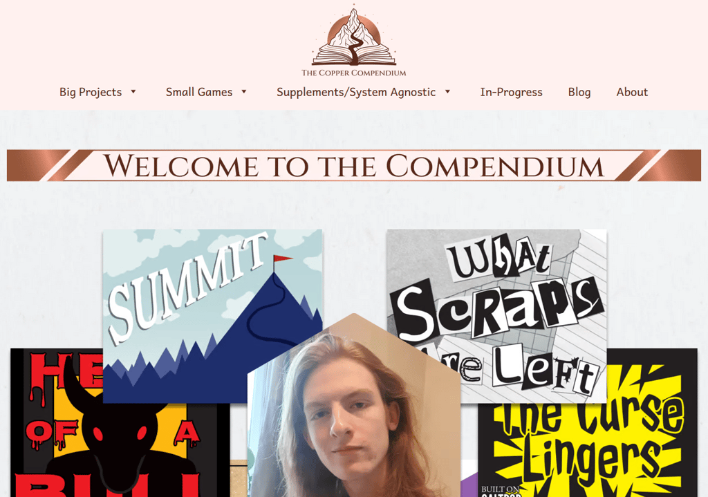 A screenshot of the homepage of this website, showing the header, welcome banner, game thumbnails and photo of the designer.
