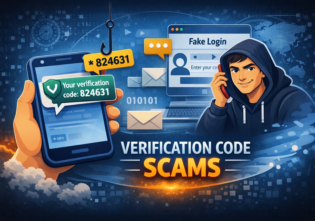 Illustration of a verification code scam showing a phone with a one-time code, a fake login screen,