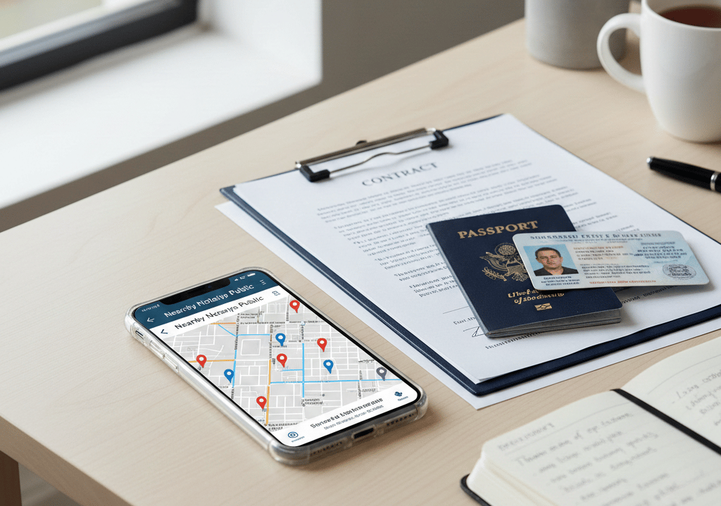 Phone with map pins showing nearby notaries, desk with legal documents and ID, clean bright workspac