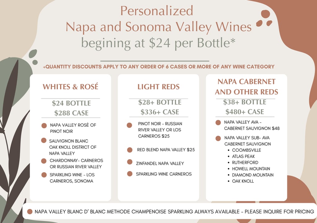 Price list for personalized Napa and Sonoma Valley wines including Pinot Noir, Chardonnay, and Cabernet Sauvignon.