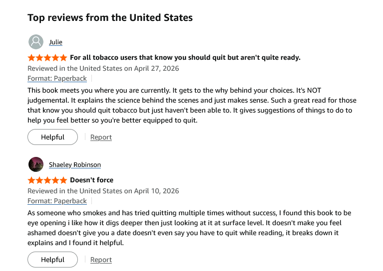 Five-star Amazon customer reviews for a smoking cessation book about quitting tobacco.