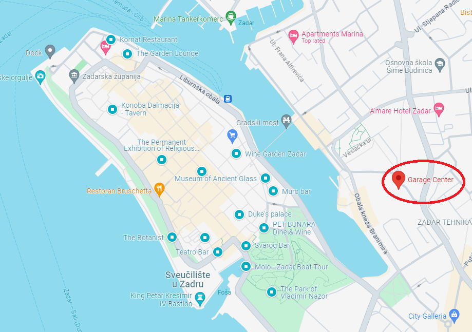 A map of Zadar, showing Garage parking