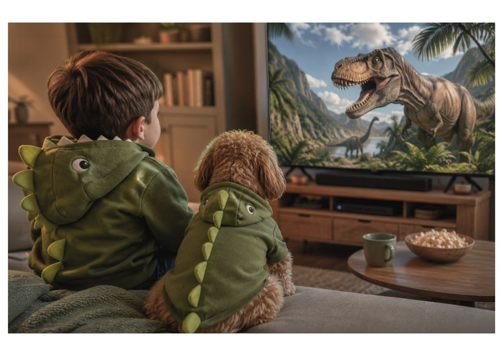 Boy & his dog wearing dinosaur hoodies watching tv, for our personalised dinosaur prints, cushions & bunting collection.
