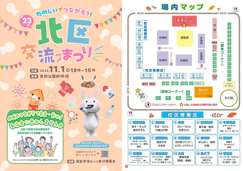 北区交流まつりの場内マップと校区模擬店一覧。ステージや団体コーナー、ミニSLなどの配置が描かれている｜堺市のイベントならサカイタイムズ