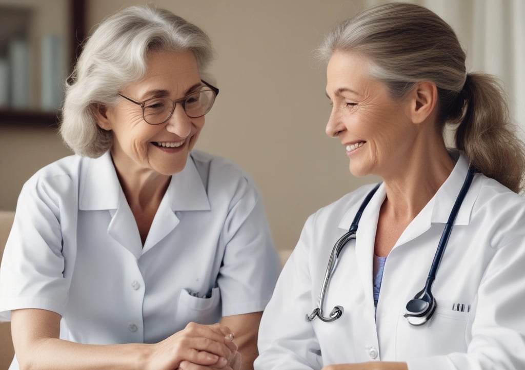 Doctor consults with patient in medical office.