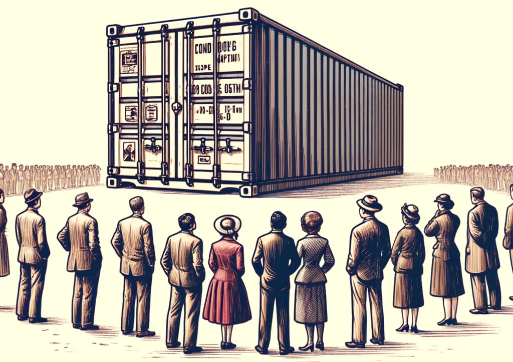 a group of people standing around a container