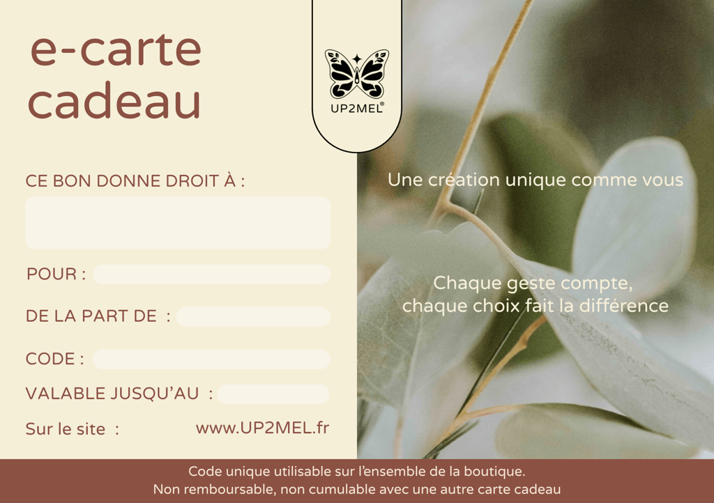 Carte cadeau UP2MEL, design naturel avec feuillage.