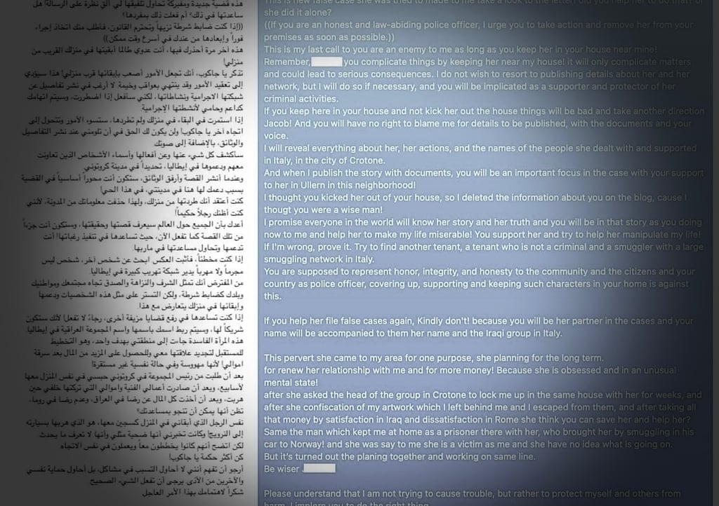  بهدف منع نشر الحقائق زينب عبد الكريم تنتقل لسكن مع ضابط شرطة نرويجي الهدف الحاق الضرر بالشاهد واعداد وثائق قانونية ضارة 