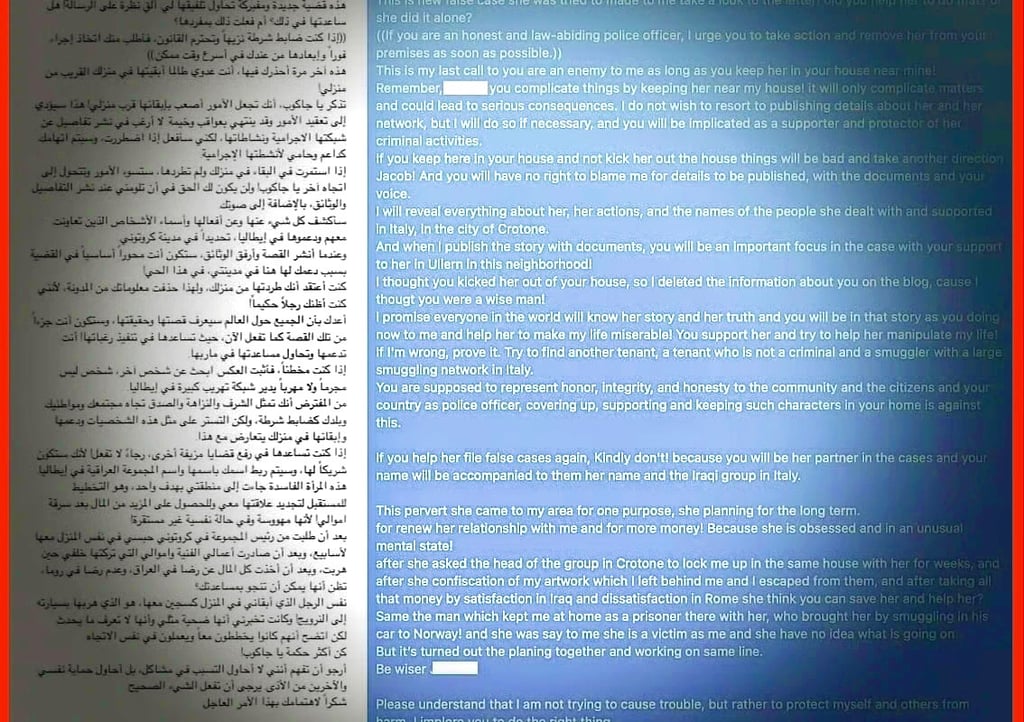 بهدف منع نشر الحقائق زينب عبد الكريم تنتقل لسكن مع ضابط شرطة نرويجي الهدف الحاق الضرر بالشاهد واعداد وثائق قانونية ضارة 