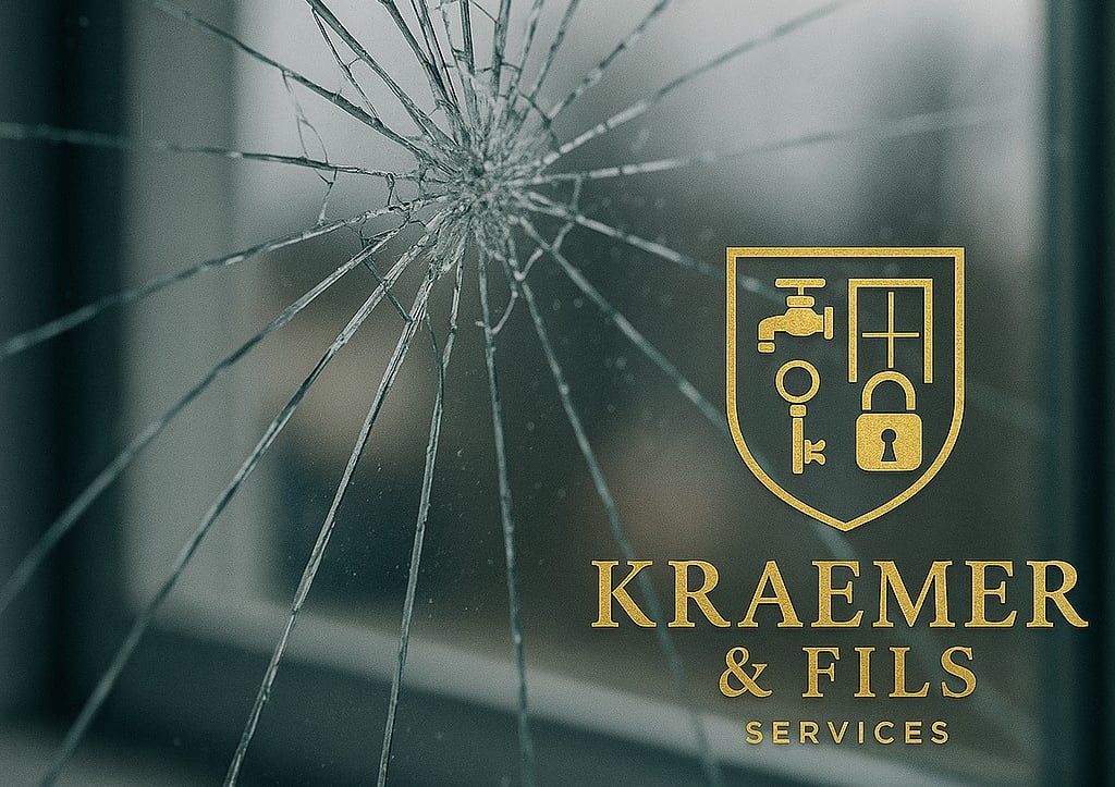 a broken glass window with a logo on it