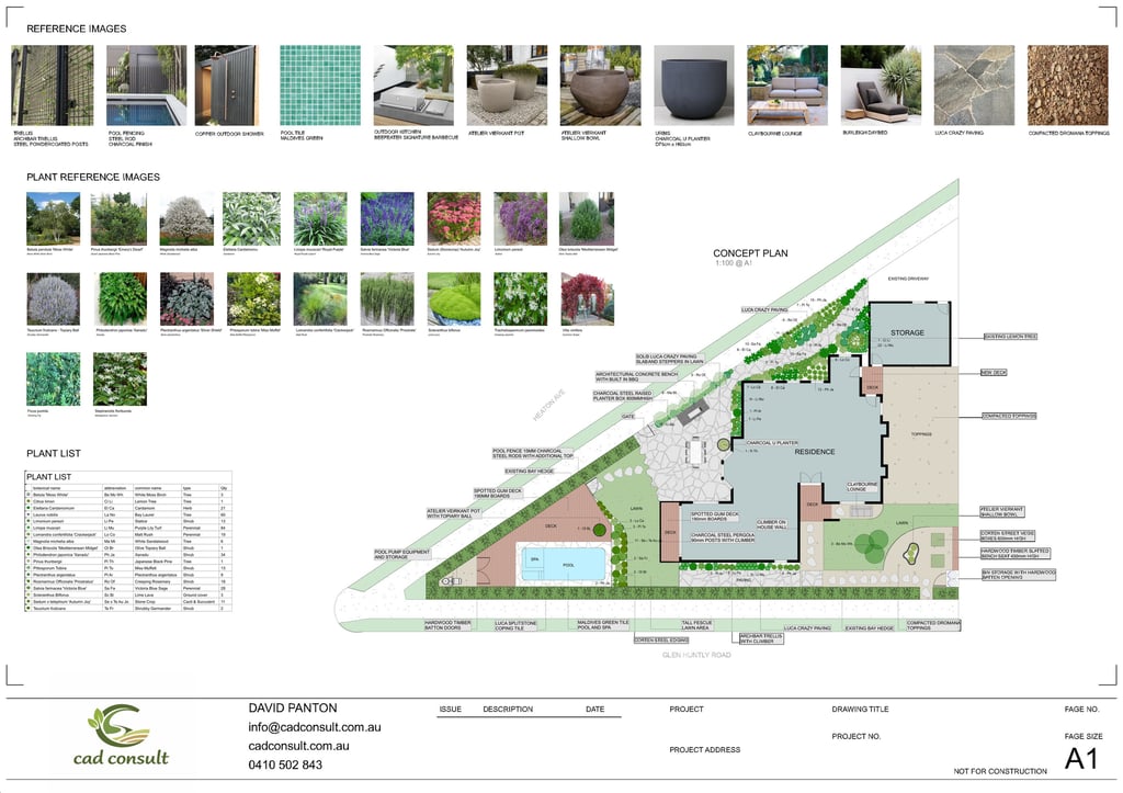 Detailed landscape design featuring a site layout, plant list, and reference images.