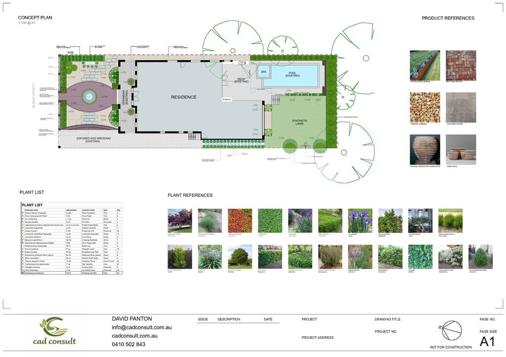 Landscape design title sheet featuring a garden layout, plant list, and product references.
