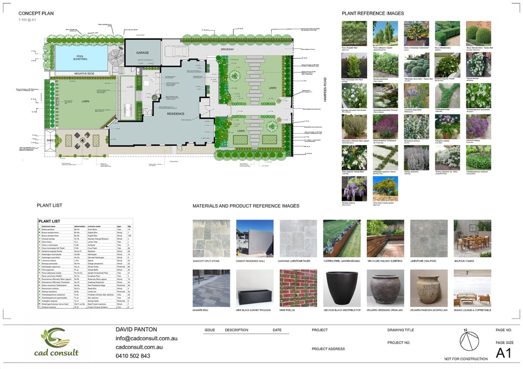 Landscape design featuring a detailed site layout, plant reference images, and material selections.
