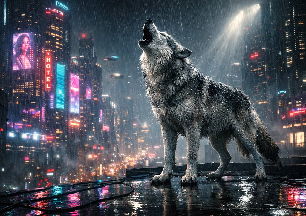 A lone gray wolf howling in the rain atop a rooftop in a futuristic cyberpunk city with neon lights.