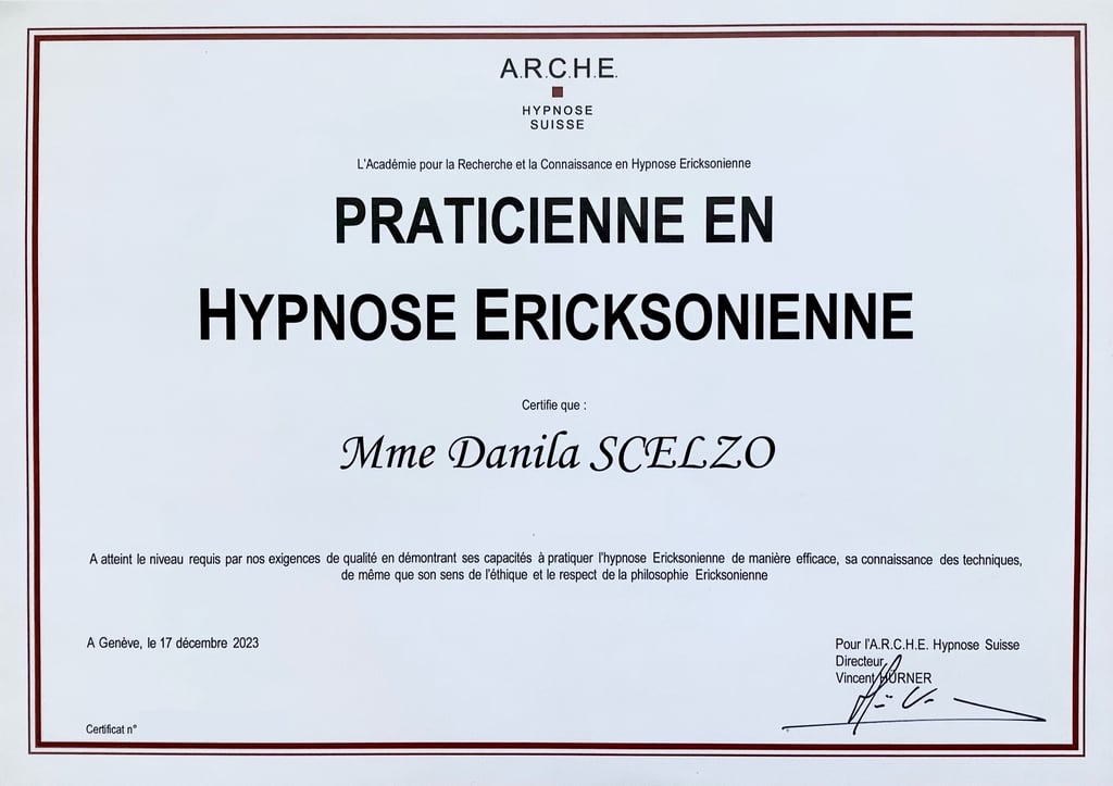 Attestation de Praticienne en Hypnose Ericksonienne - A.R.C.H.E Suisse