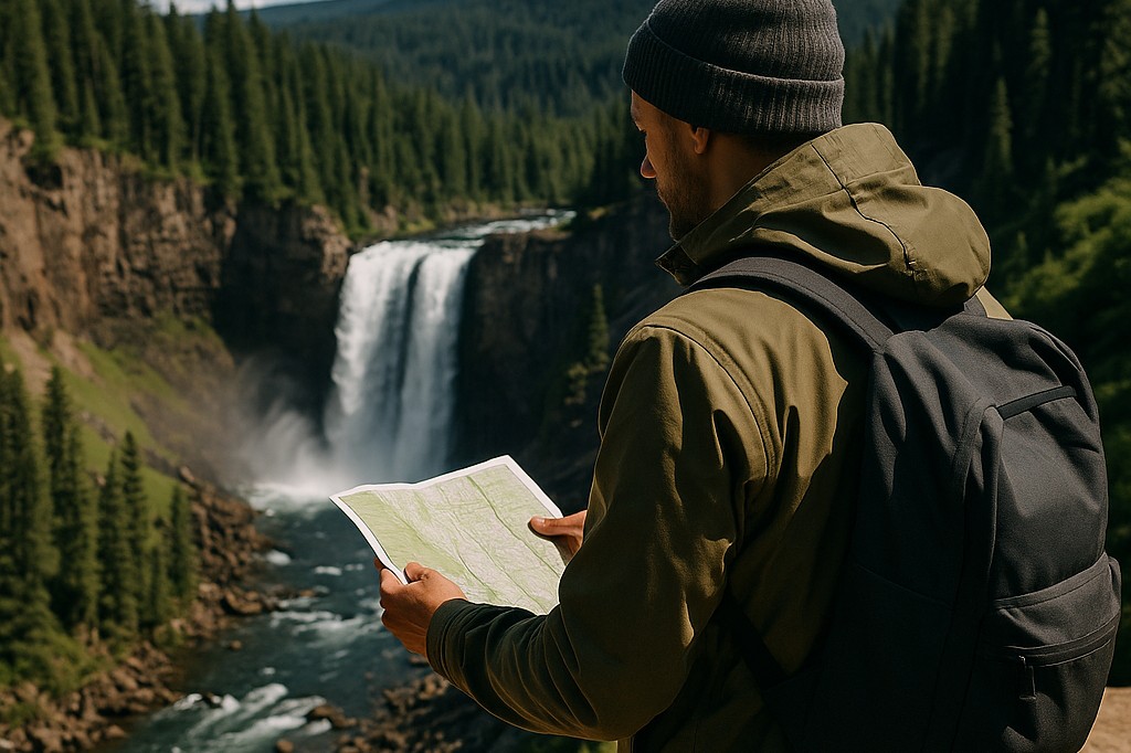 Hiker reading topographic map beside waterfall, wilderness navigation and survival decision-making in remote terrain