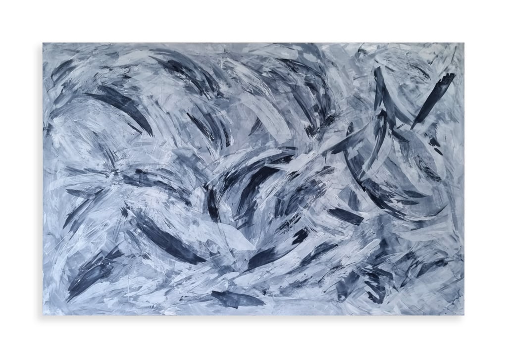 Abstract monochrome painting with dynamic black and grey brushstrokes on a white canvas.