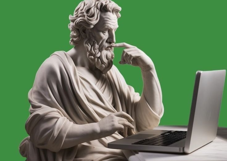 Statua che pensa davanti a un pc con un bilancio