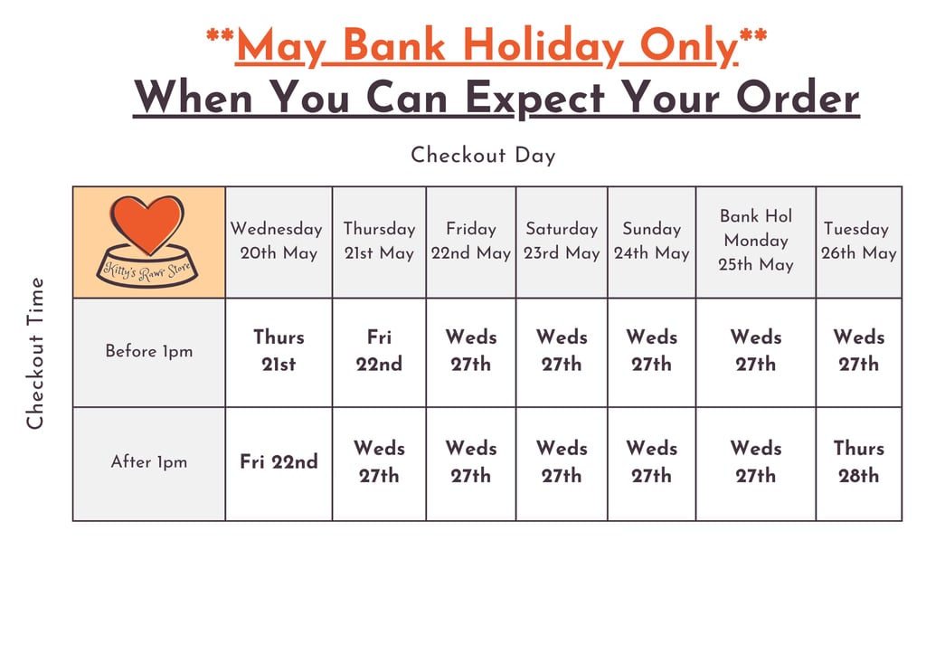 Late May Bank Holiday Delivery Timetable