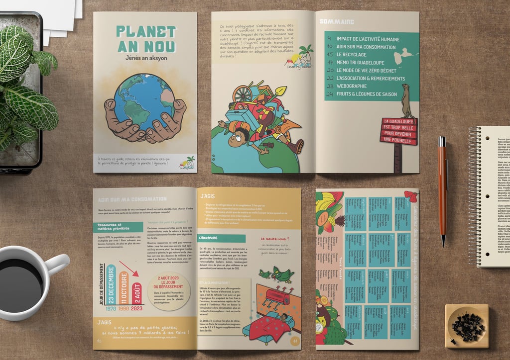 Mise en page et illustrations du livret Planet an nou -Jénès an aksyon. Clean My Island
